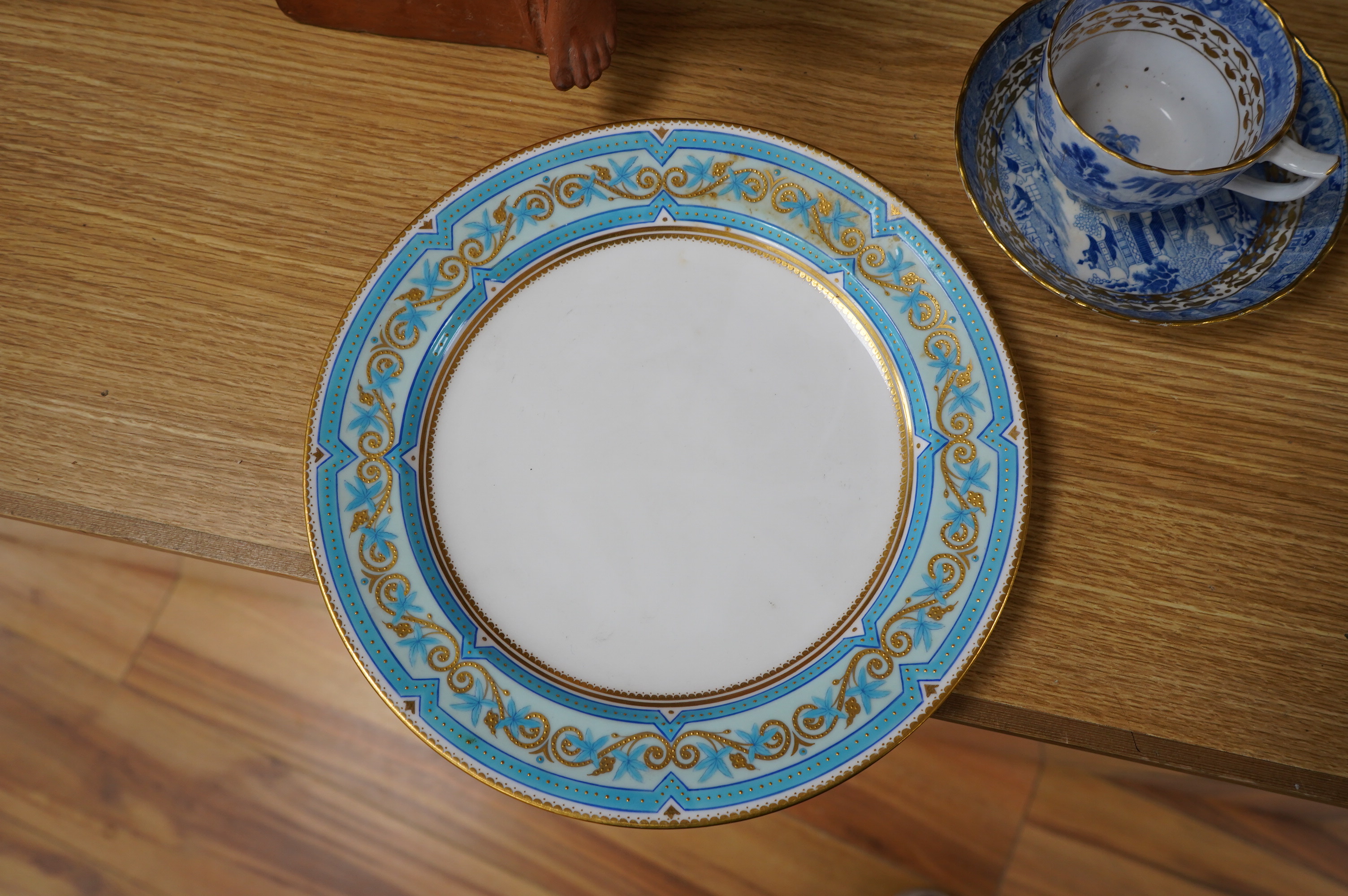 An early 19th century part coffee and tea set, probably Miles Mason, and a set of ten Derby dessert plates, 25cm in diameter. Condition - varies, poor to good